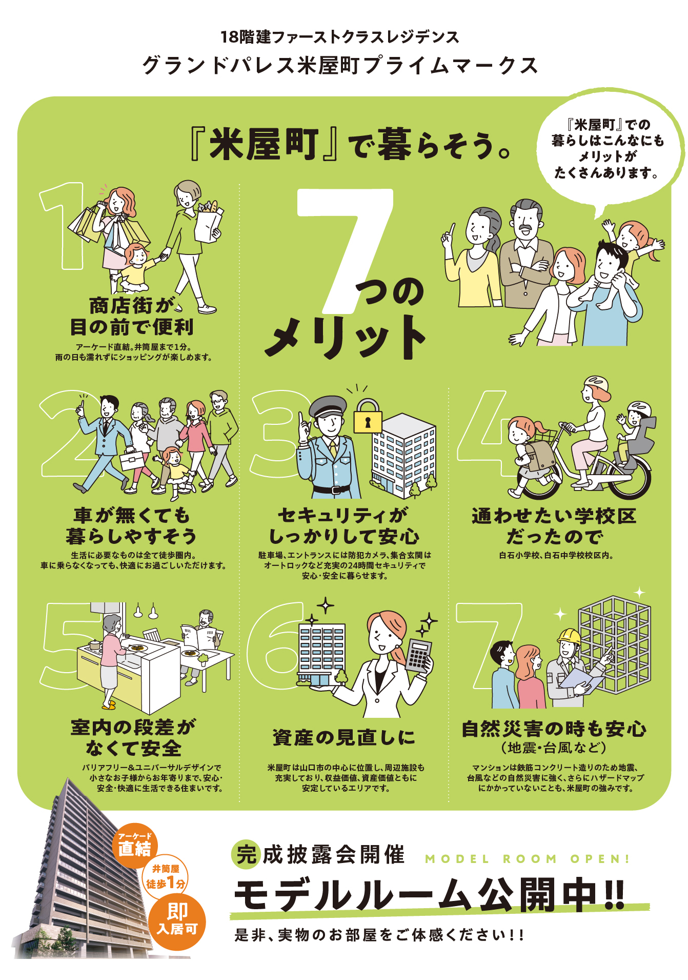 18階建ファーストクラスレジデンスメリットつのグランドパレス米屋町プライムマークス『米屋町』で暮らそう。生活に必要なものは全て徒歩圏内。車に乗らなくなっても、快適にお過ごしいただけます。車が無くても暮らしやすそう2バリアフリー＆ユニバーサルデザインで小さなお子様からお年寄りまで、安心・安全・快適に生活できる住まいです。室内の段差がなくて安全5商店街が目の前で便利アーケード直結。井筒屋まで１分。雨の日も濡れずにショッピングが楽しめます。1駐車場、エントランスには防犯カメラ、集合玄関はオートロックなど充実の24時間セキュリティで安心・安全に暮らせます。セキュリティがしっかりして安心37白石小学校、白石中学校校区内。通わせたい学校区だったので4マンションは鉄筋コンクリート造りのため地震、台風などの自然災害に強く、さらにハザードマップにかかっていないことも、米屋町の強みです。自然災害の時も安心（地震・台風など）7米屋町は山口市の中心に位置し、周辺施設も充実しており、収益価値、資産価値ともに安定しているエリアです。資産の見直しに6『米屋町』での暮らしはこんなにもメリットがたくさんあります。グランドパレス米屋町プライムマークス間取り一覧ページへ